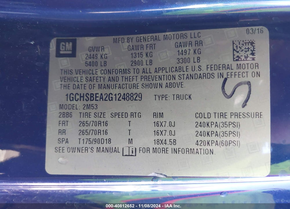 2016 CHEVROLET COLORADO WT VIN: 1GCHSBEA2G1248829
