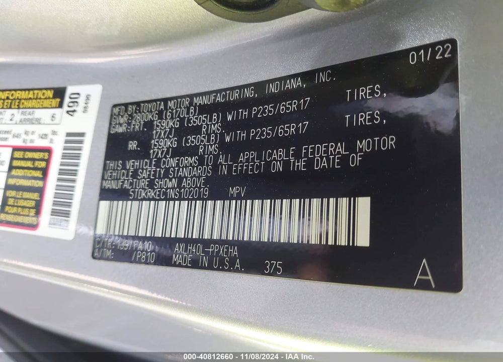 2022 TOYOTA SIENNA LE VIN: 5TDKRKEC1NS102019