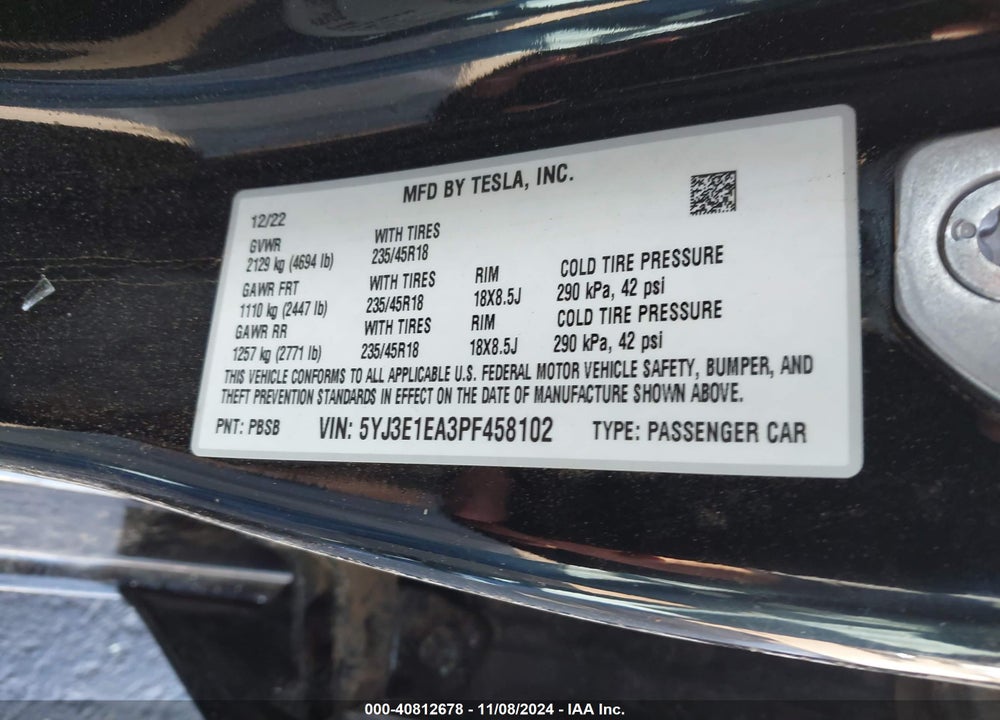 2023 TESLA MODEL 3 REAR-WHEEL DRIVE VIN: 5YJ3E1EA3PF458102