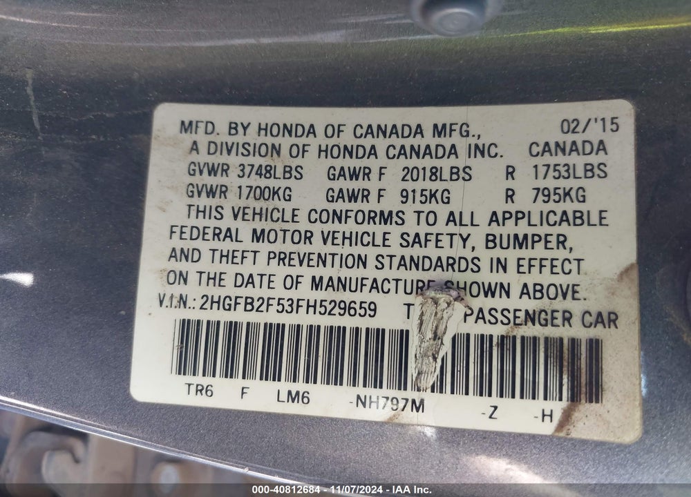 2015 HONDA CIVIC LX VIN: 2HGFB2F53FH529659
