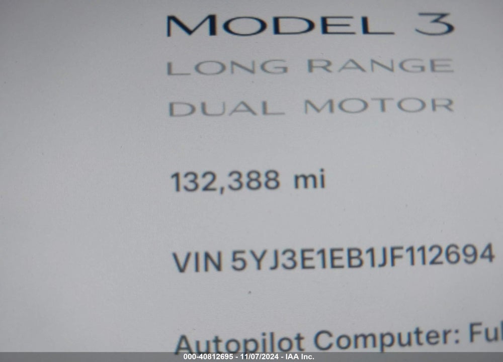 2018 TESLA MODEL 3 LONG RANGE/PERFORMANCE VIN: 5YJ3E1EB1JF112694
