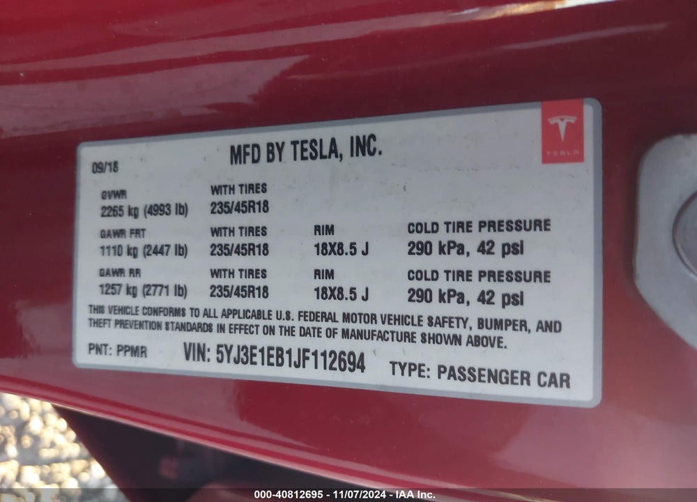 2018 TESLA MODEL 3 LONG RANGE/PERFORMANCE VIN: 5YJ3E1EB1JF112694