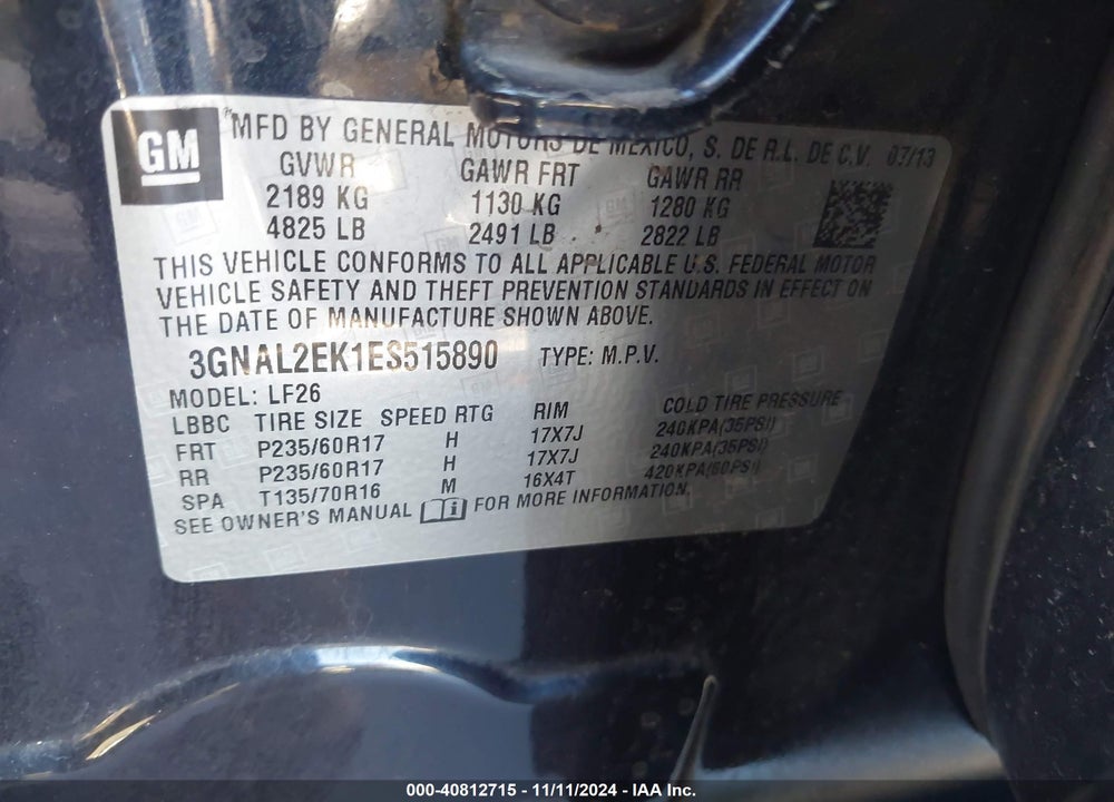 2014 CHEVROLET CAPTIVA SPORT 2LS VIN: 3GNAL2EK1ES515890