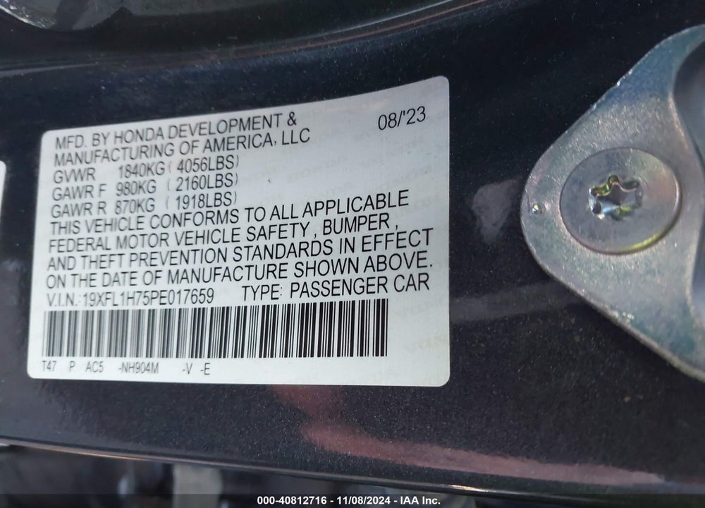 2023 HONDA CIVIC EX-L /EX-L W/O BSI VIN: 19XFL1H75PE017659