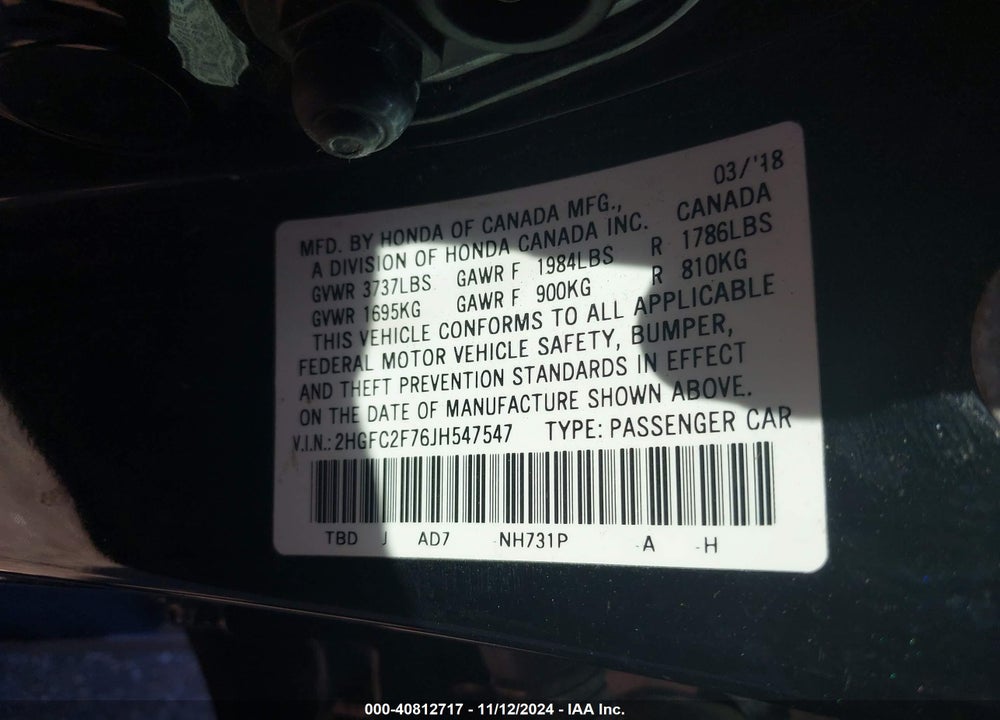 2018 HONDA CIVIC EX VIN: 2HGFC2F76JH547547