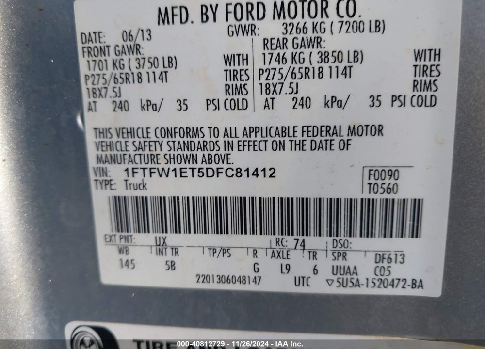 2013 FORD F-150 VIN: 1FTFW1ET5DFC81412