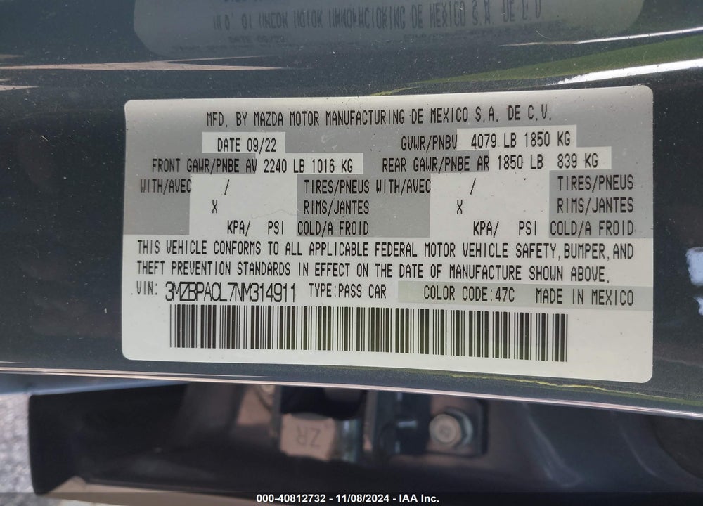 2022 MAZDA 3 CARBON EDITION VIN: 3MZBPACL7NM314911