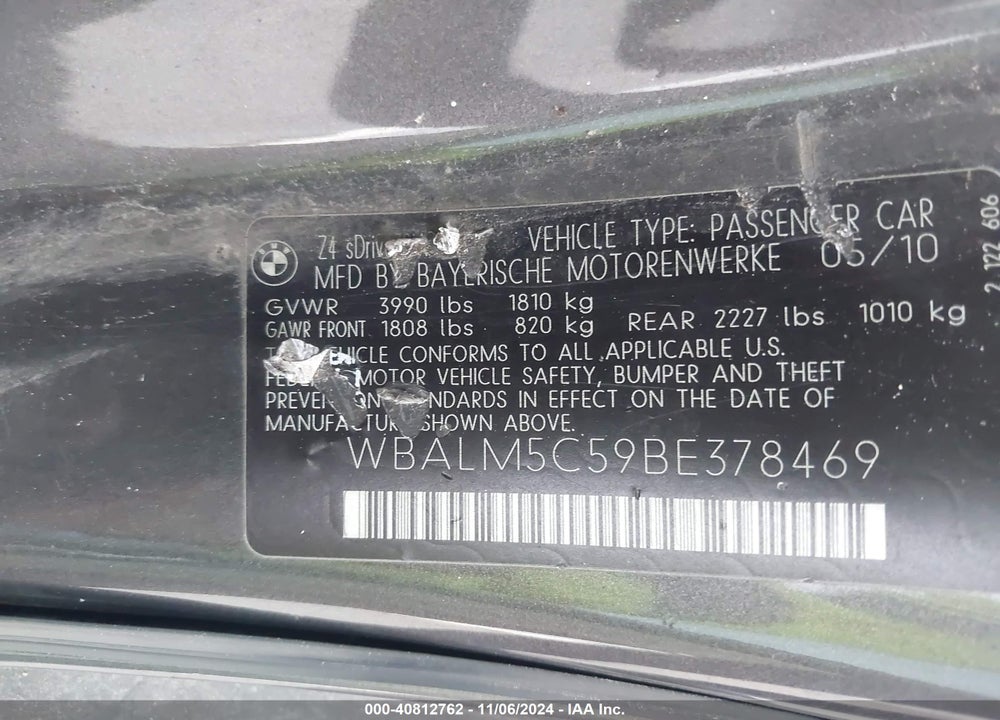 2011 BMW Z4 SDRIVE30I VIN: WBALM5C59BE378469