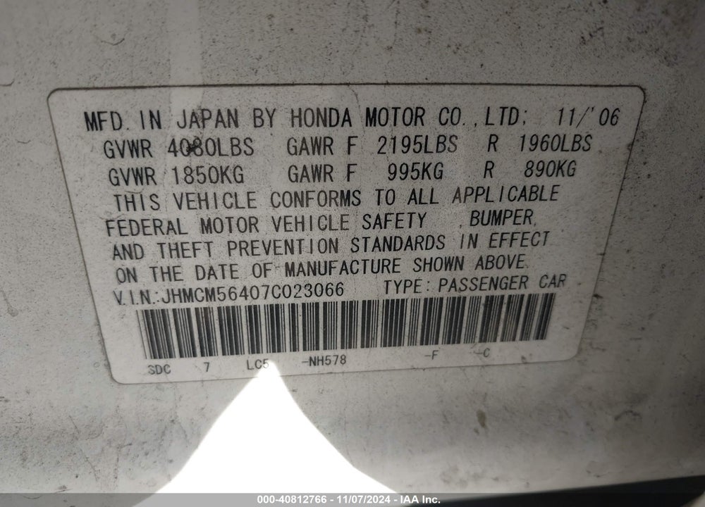 2007 HONDA ACCORD 2.4 LX VIN: JHMCM56407C023066