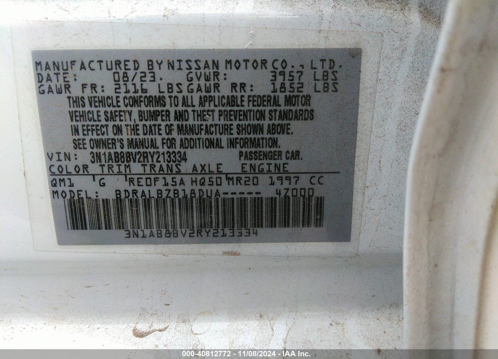 2024 NISSAN SENTRA VIN: 3N1AB8BV2RY213334