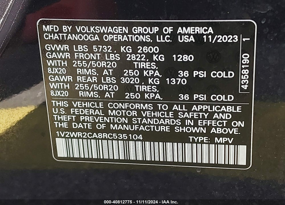 2024 VOLKSWAGEN ATLAS 2.0T SE W/TECHNOLOGY VIN: 1V2WR2CA8RC535104