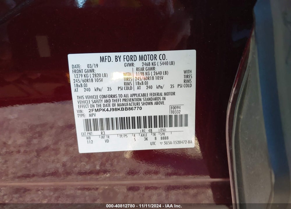 2019 FORD EDGE SEL VIN: 2FMPK4J98KBB86770