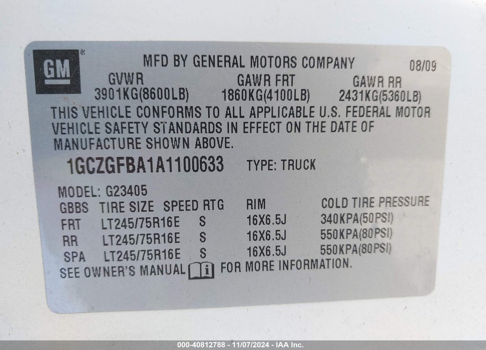 2010 CHEVROLET EXPRESS 2500 WORK VAN VIN: 1GCZGFBA1A1100633