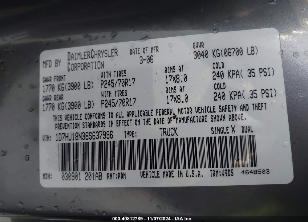 2006 DODGE RAM 1500 SLT/TRX4 OFF ROAD/SPORT VIN: 1D7HU18N36S637996