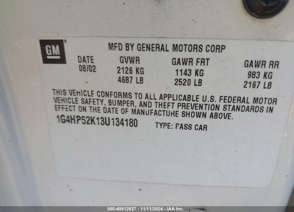 2003 BUICK LESABRE CUSTOM VIN: 1G4HP52K13U134180