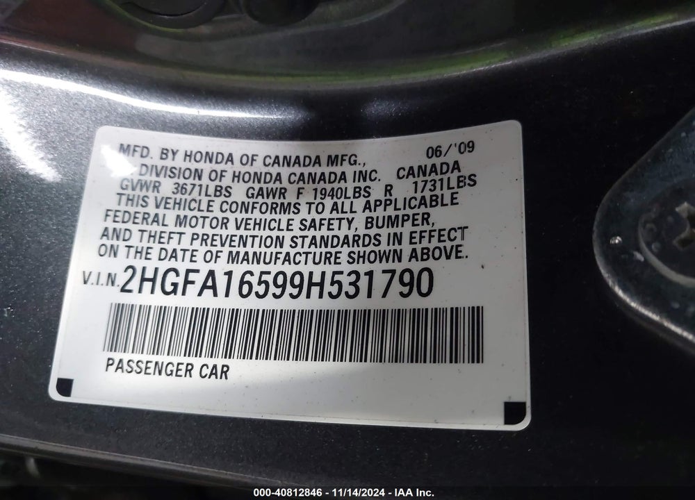 2009 HONDA CIVIC LX VIN: 2HGFA16599H531790