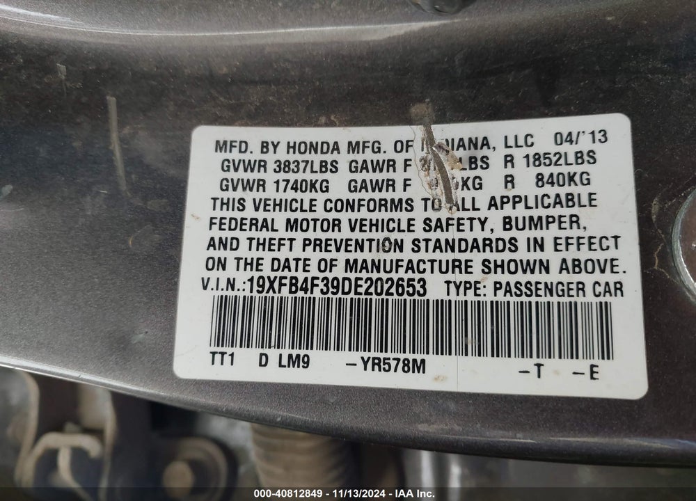 2013 HONDA CIVIC HYBRID VIN: 19XFB4F39DE202653