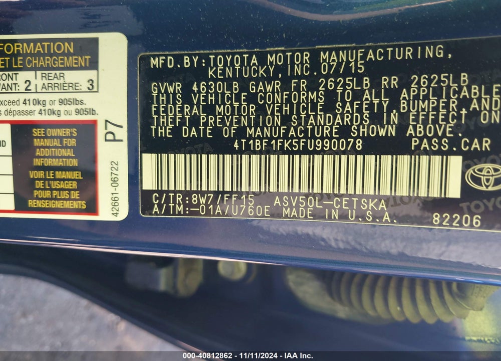 2015 TOYOTA CAMRY SE VIN: 4T1BF1FK5FU990078