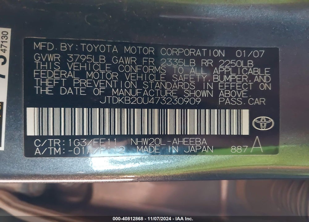 2007 TOYOTA PRIUS VIN: JTDKB20U473230909
