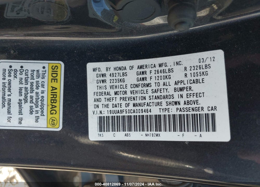 2012 ACURA TL 3.7 VIN: 19UUA9F50CA009464