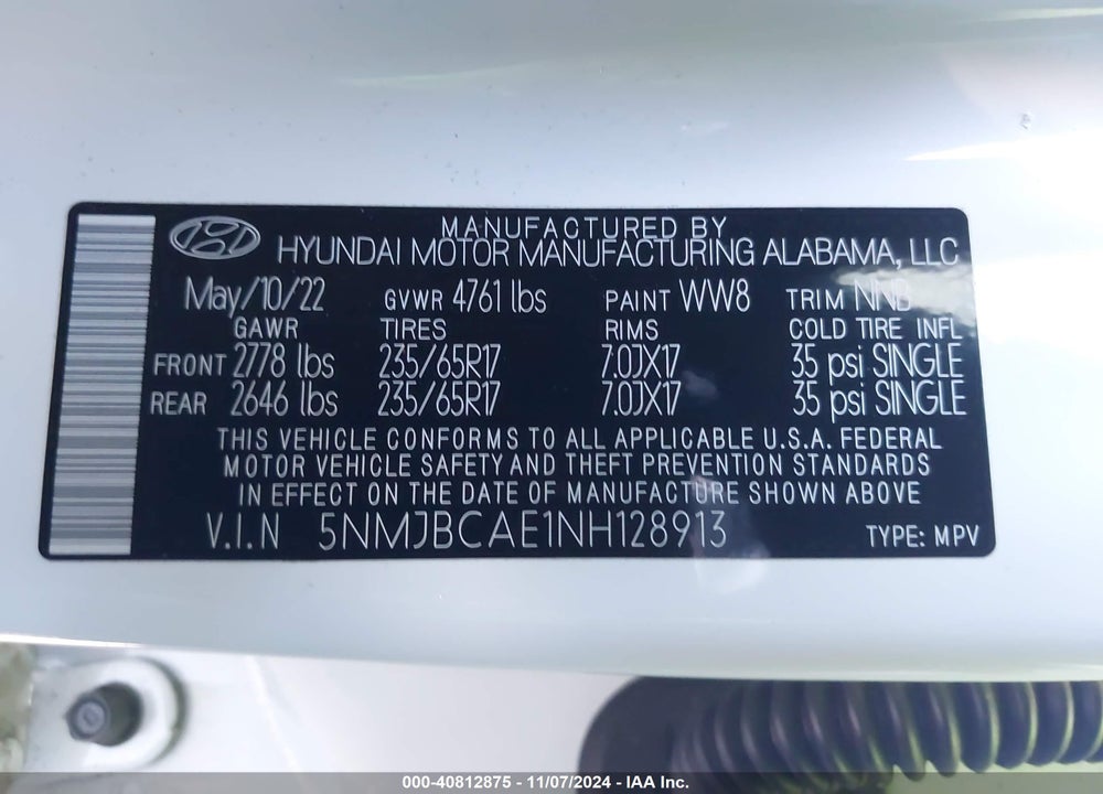 2022 HYUNDAI TUCSON SEL VIN: 5NMJBCAE1NH128913