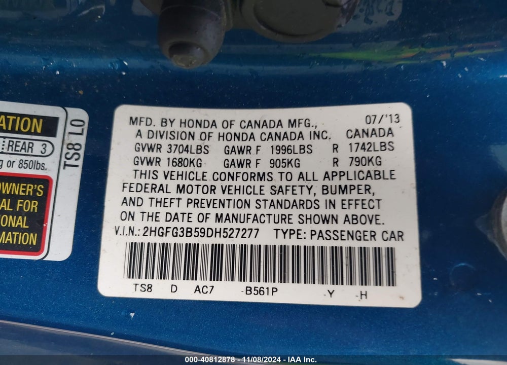 2013 HONDA CIVIC LX VIN: 2HGFG3B59DH527277
