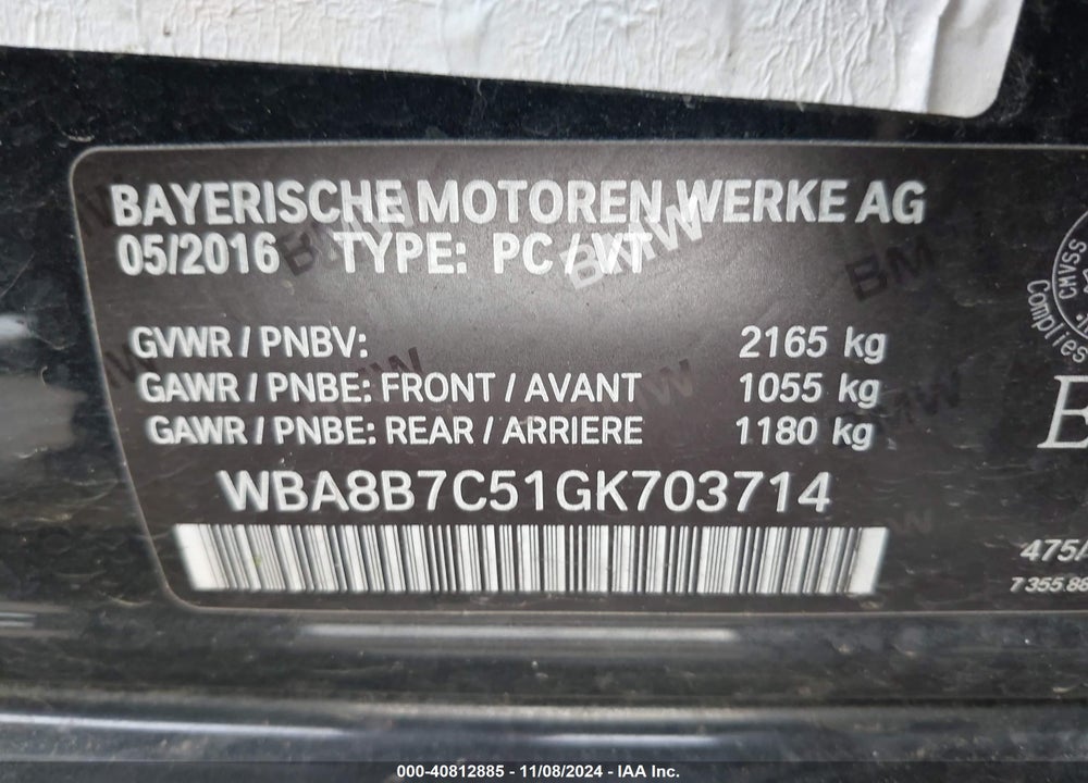 2016 BMW 340I VIN: WBA8B7C51GK703714