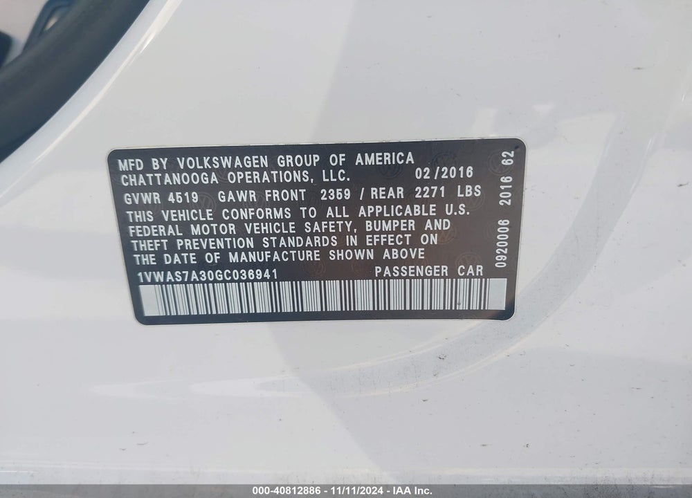 2016 VOLKSWAGEN PASSAT VIN: 1VWAS7A30GC036941