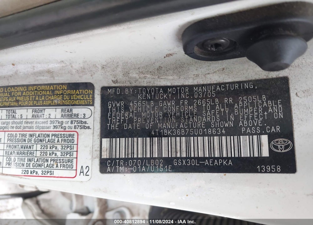 2005 TOYOTA AVALON LIMITED VIN: 4T1BK36B75U018634