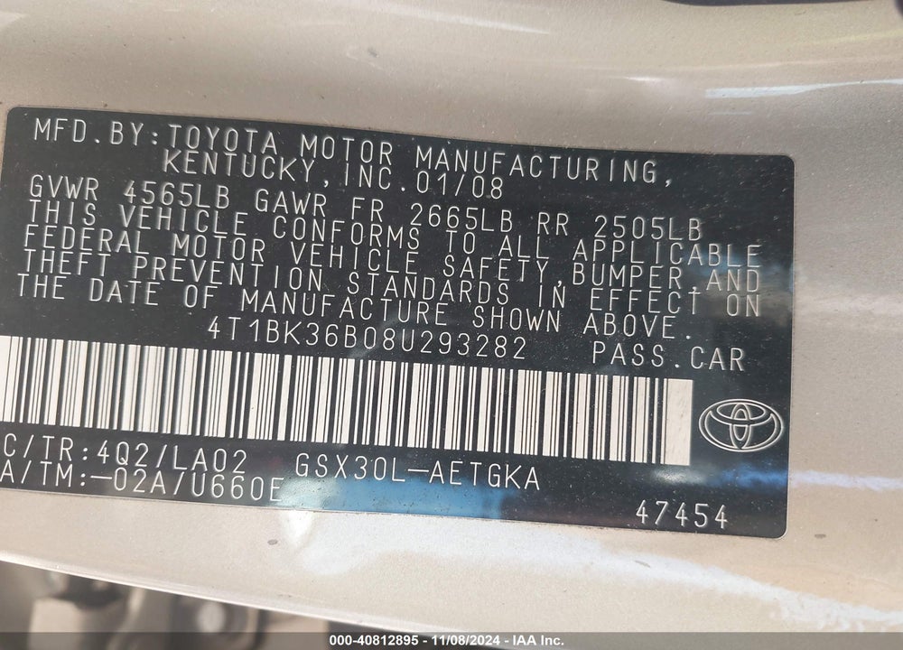 2008 TOYOTA AVALON XLS VIN: 4T1BK36B08U293282