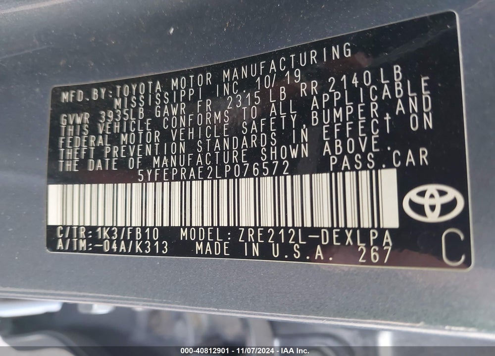 2020 TOYOTA COROLLA LE VIN: 5YFEPRAE2LP076572