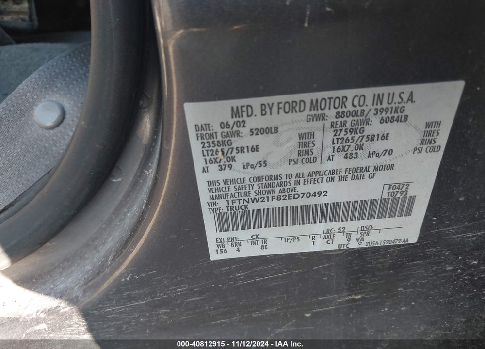 2002 FORD F-250 VIN: 1FTNW21F82ED70492