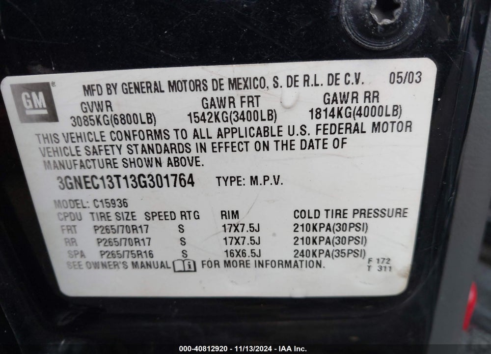 2003 CHEVROLET AVALANCHE 1500 VIN: 3GNEC13T13G301764