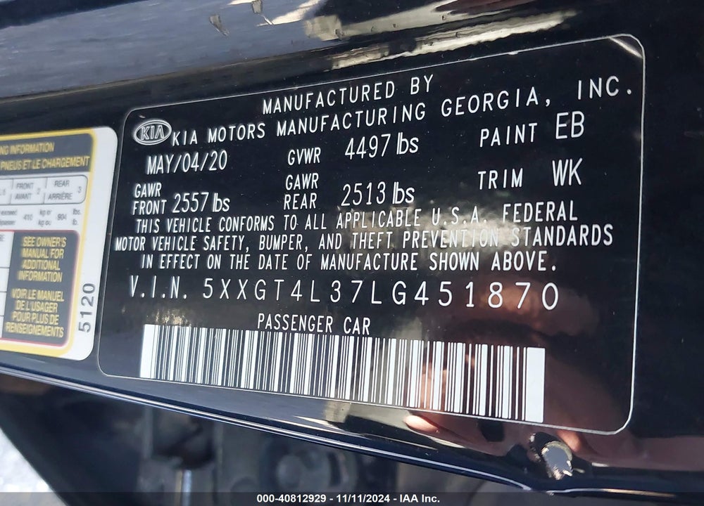 2020 KIA OPTIMA LX VIN: 5XXGT4L37LG451870