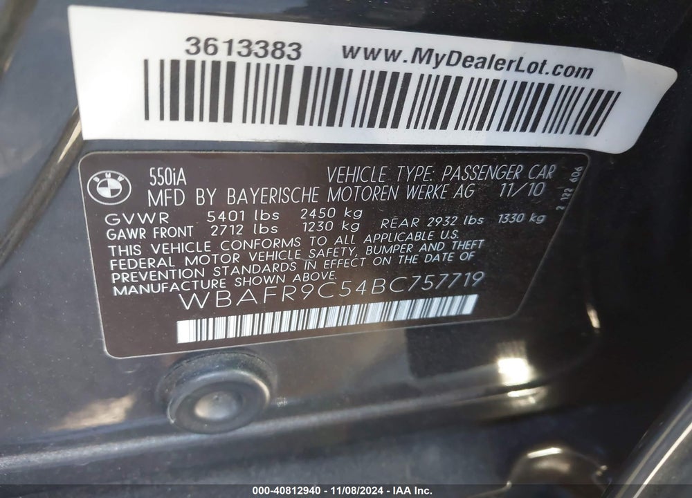 2011 BMW 550I VIN: WBAFR9C54BC757719