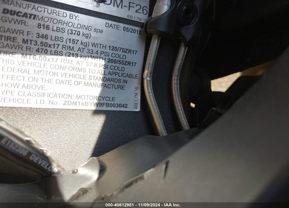 2015 DUCATI SUPERBIKE 1299 PANIGALE/S VIN: ZDM14BYW9FB003042