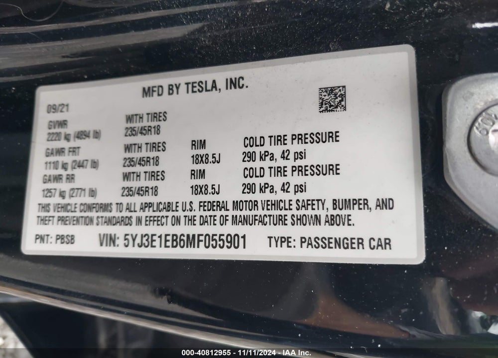 2021 TESLA MODEL 3 LONG RANGE DUAL MOTOR ALL-WHEEL DRIVE VIN: 5YJ3E1EB6MF055901