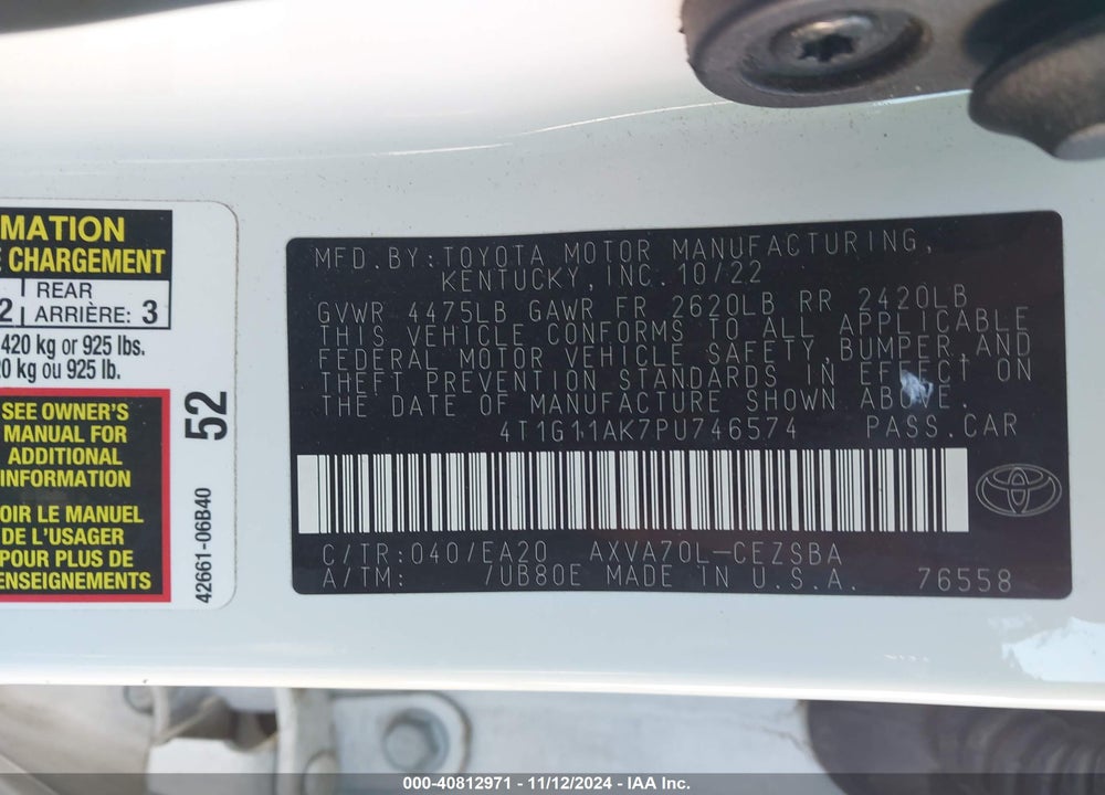 2023 TOYOTA CAMRY SE VIN: 4T1G11AK7PU746574