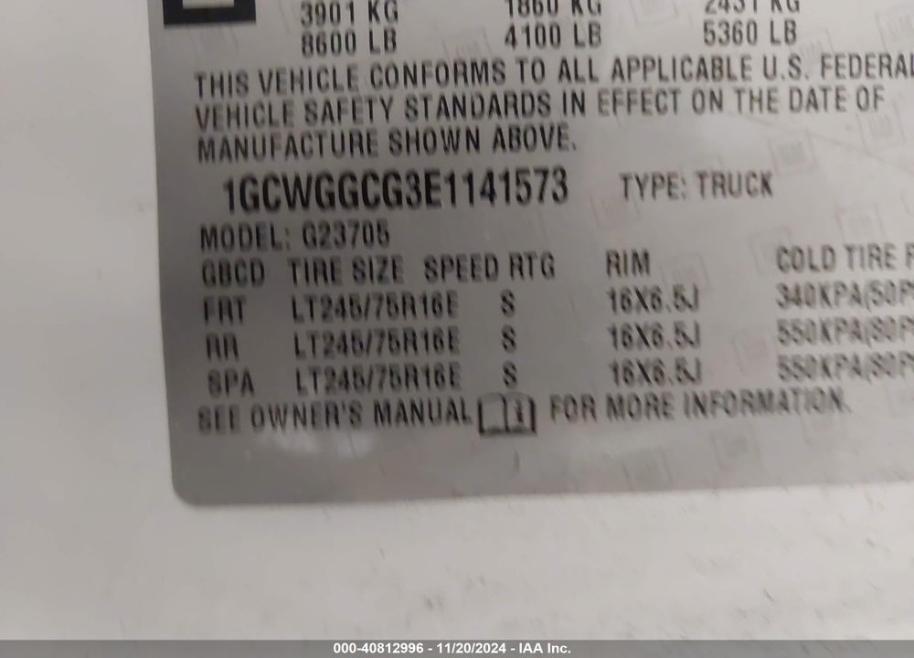 2014 CHEVROLET EXPRESS 2500 WORK VAN VIN: 1GCWGGCG3E1141573