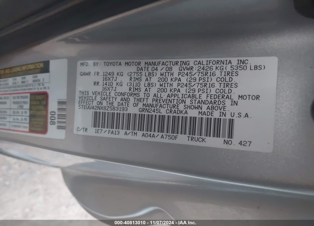 2008 TOYOTA TACOMA BASE V6 VIN: 5TEUU42NX8Z583193