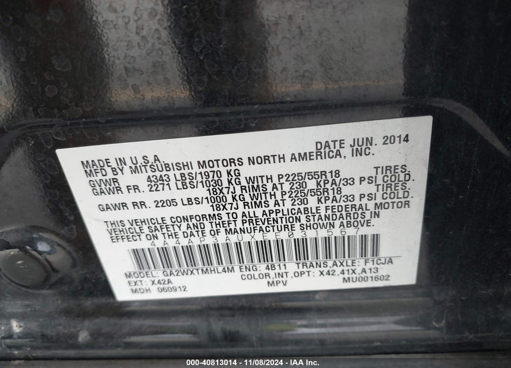 2014 MITSUBISHI OUTLANDER SPORT ES VIN: 4A4AP3AUXEE031567