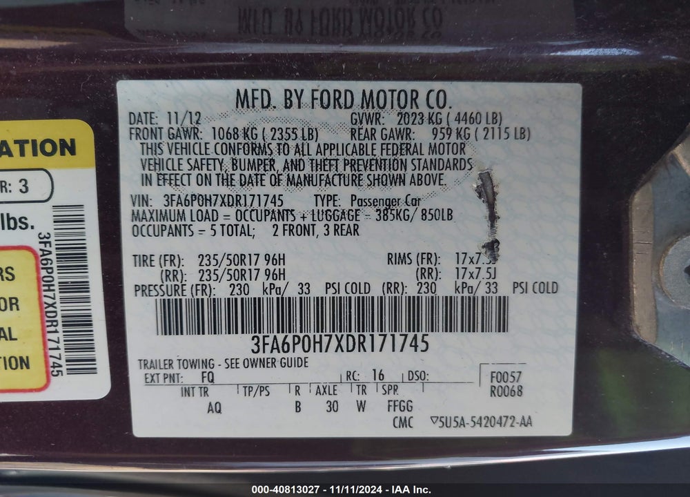 2013 FORD FUSION SE VIN: 3FA6P0H7XDR171745