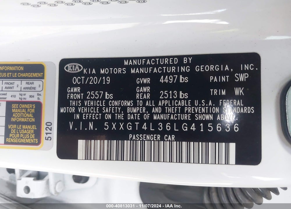 2020 KIA OPTIMA LX VIN: 5XXGT4L36LG415636