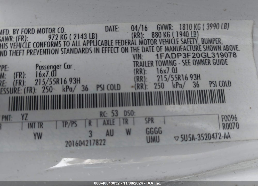 2016 FORD FOCUS SE VIN: 1FADP3F20GL319078