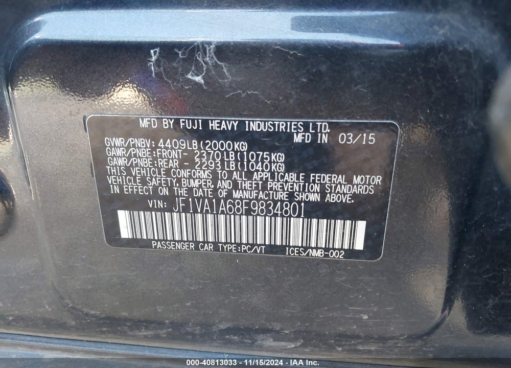 2015 SUBARU WRX VIN: JF1VA1A68F9834801