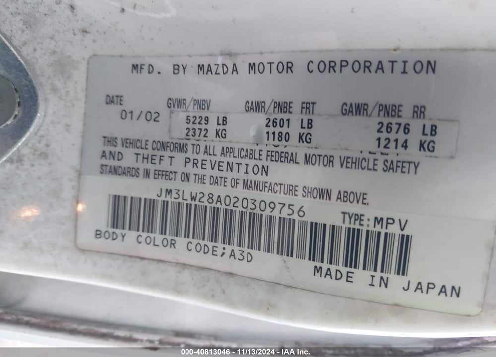 2002 MAZDA MPV ES/LX VIN: JM3LW28A020309756