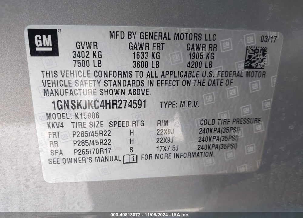 2017 CHEVROLET SUBURBAN PREMIER VIN: 1GNSKJKC4HR274591