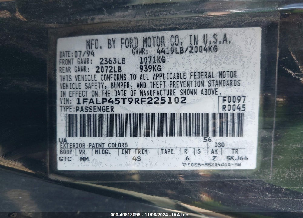 1994 FORD MUSTANG GT VIN: 1FALP45T9RF225102