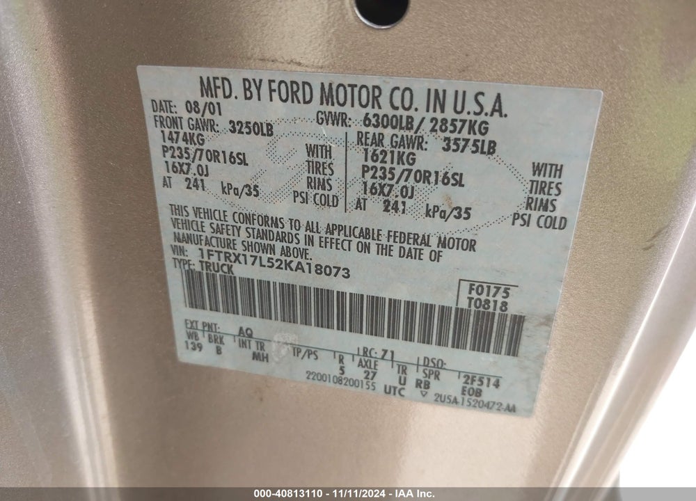 2002 FORD F-150 LARIAT/XL/XLT VIN: 1FTRX17L52KA18073