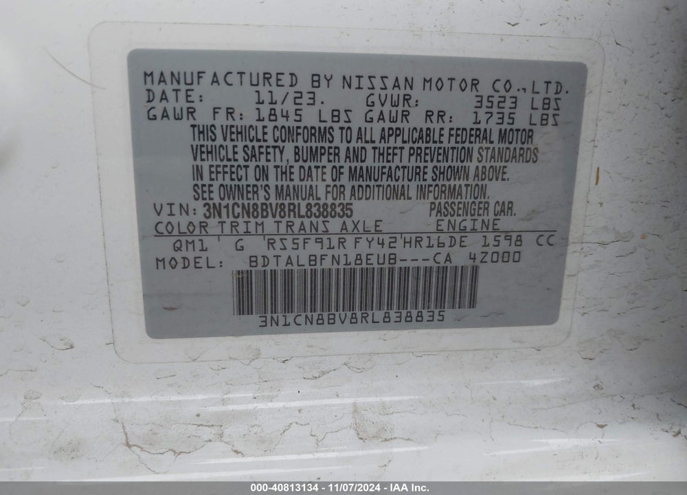 2024 NISSAN VERSA 1.6 S+ VIN: 3N1CN8BV8RL838835
